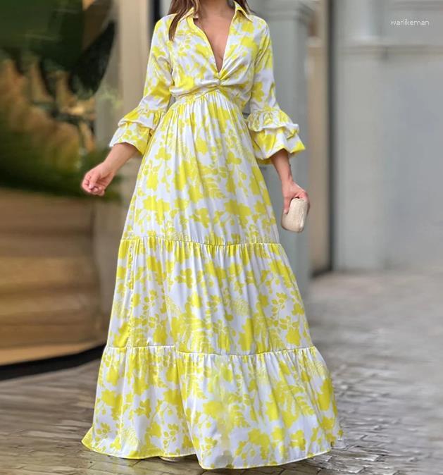

Casual Dresses Elegant Bell Sleeve Long Dress For Women Women' Clothing Vestidos Summer Fashion Flared A-Line High Waist