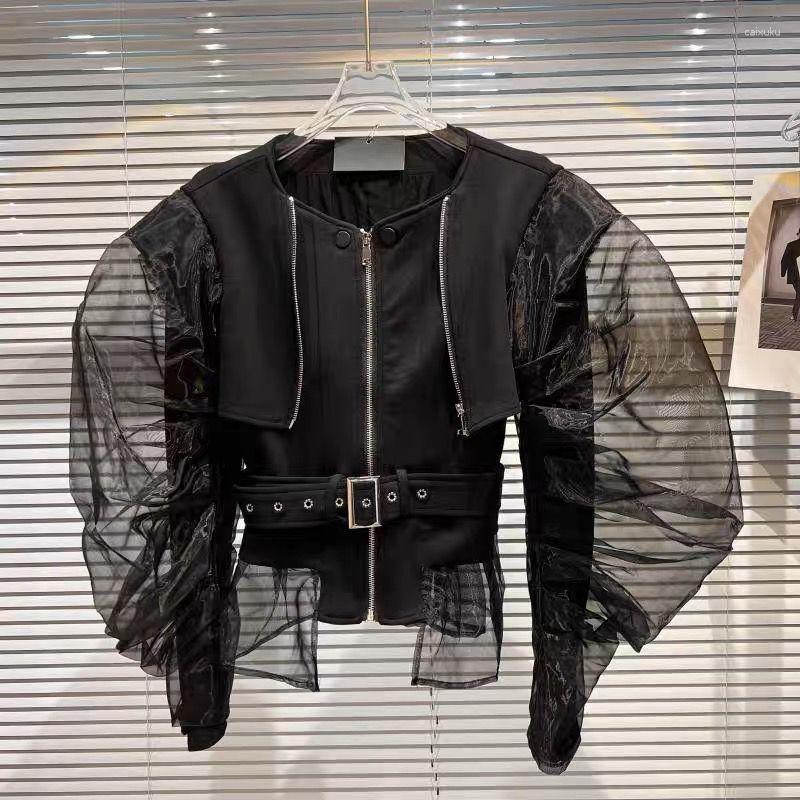

Women' Jackets Summer Perspective Long Sleeves Bomber Jacket Spring Vintage Coat For Women Leather PU Bubble Mesh Belt Zipper Short Female, Black