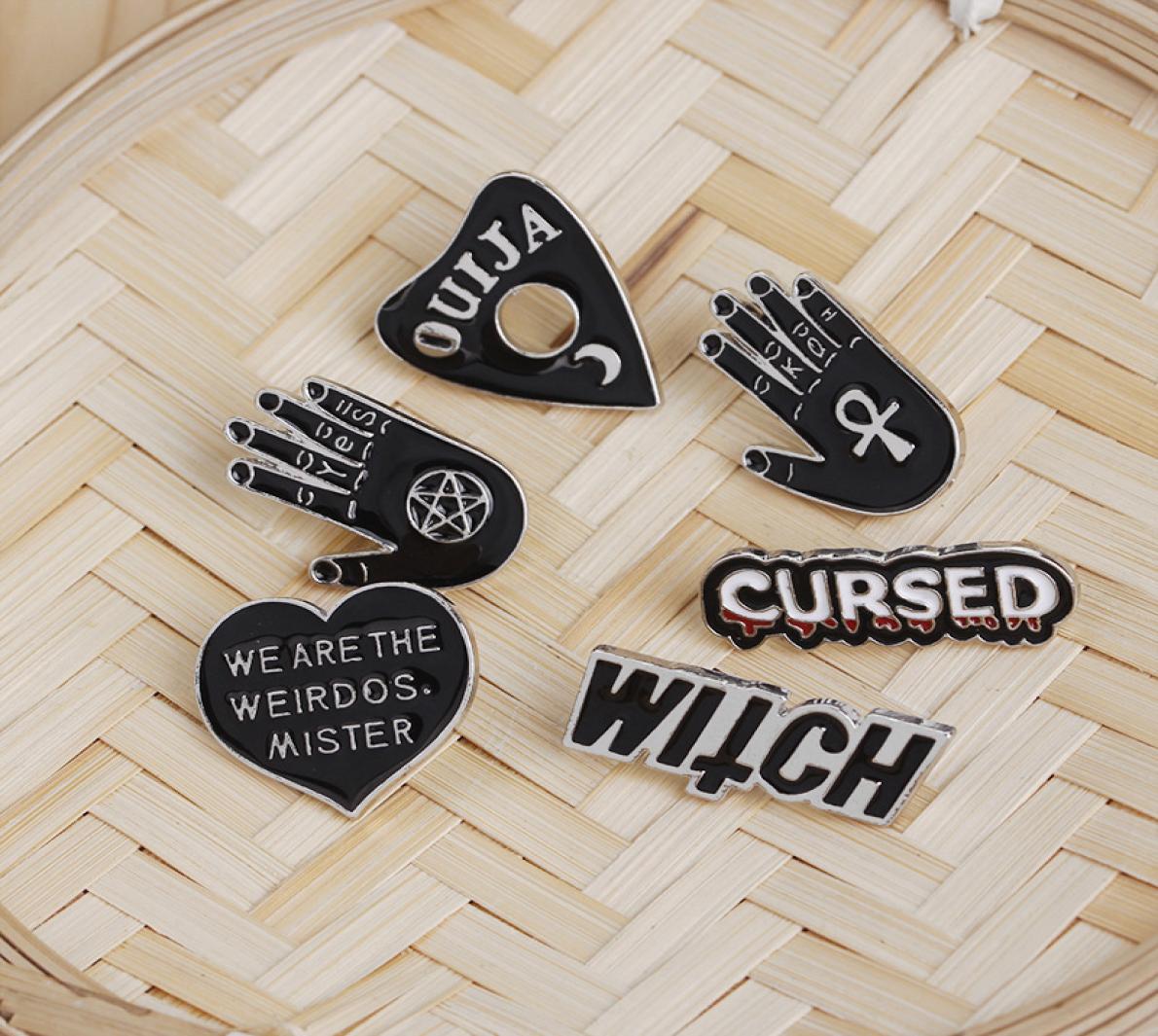 

Cartoon Black Hand Heart Brooch Cursed Ouija Witch We are the weirdos mister Pin Buckle Denim jacket Coat Pin Badge Jewelry Gift2244529