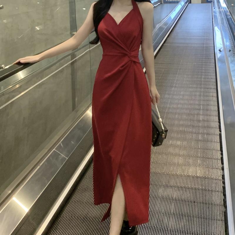 

Casual Dresses Summer Halter Neck Women Ankle Length Split Fork Fashion Harajuku Elegant Sexy Evening Party Dating Clothing Black Red