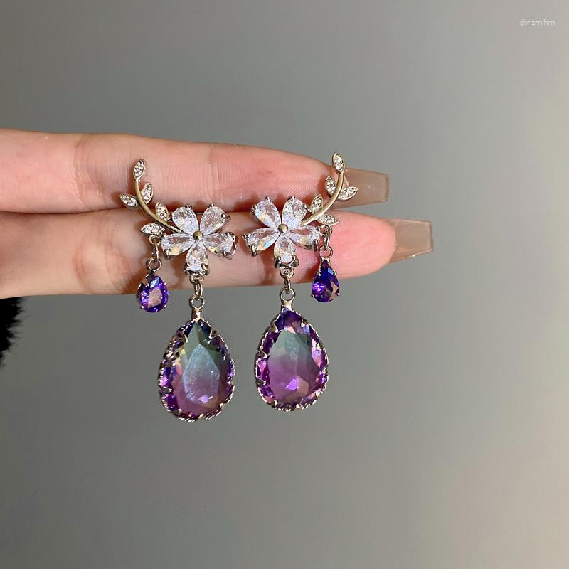 

Dangle Earrings Luxury Fashion Purple Crystal Flower Leaf Drop For Women Zircon Valentines Day Gift Pendientes Mujer