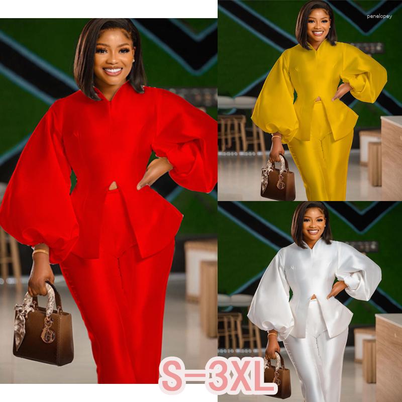 

Women' Two Piece Pants Women Pieces Set Long Lantern Sleeves Wide Leg Trousers Slim Elegant Office Ladies Autumn Fashion Yellow White Suits, Red