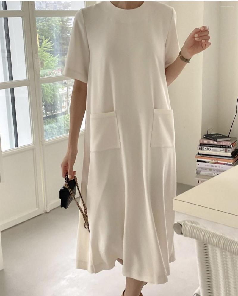 

Casual Dresses Chic French Simple Loose Large Size Double Pocket Decoration Age Reduction Pleated Long Dress, Black