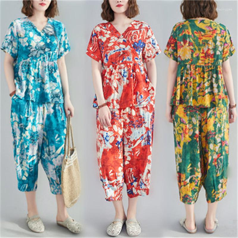 

Women's Two Piece Pants 2023 Summer Fashion Large Size V-Neck Diagonal Skirt Top Harem Wide-Leg Floral Two-Piece Suit Female Trend H100, Color ice blue