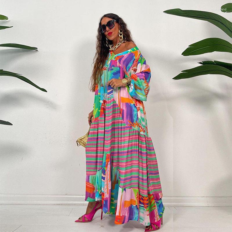 

Casual Dresses Oversized V-neck Printed Dress Spring/Summer Vintage French Court Style Pleated Long Sleeve Loose Fitting Street, Colourful