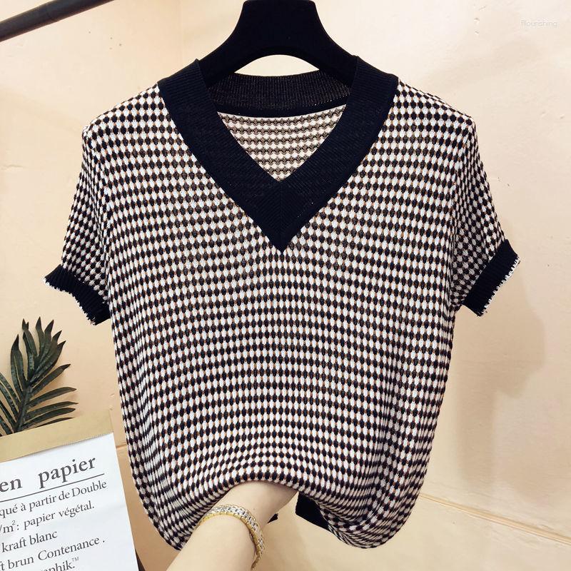 

Women's T Shirts Koreon Fashion Women Plaid Knitted T-shirt Summer Short Sleeve Female Clothing Tees V-Neck Bottoming Pullover Casual Tops, Black
