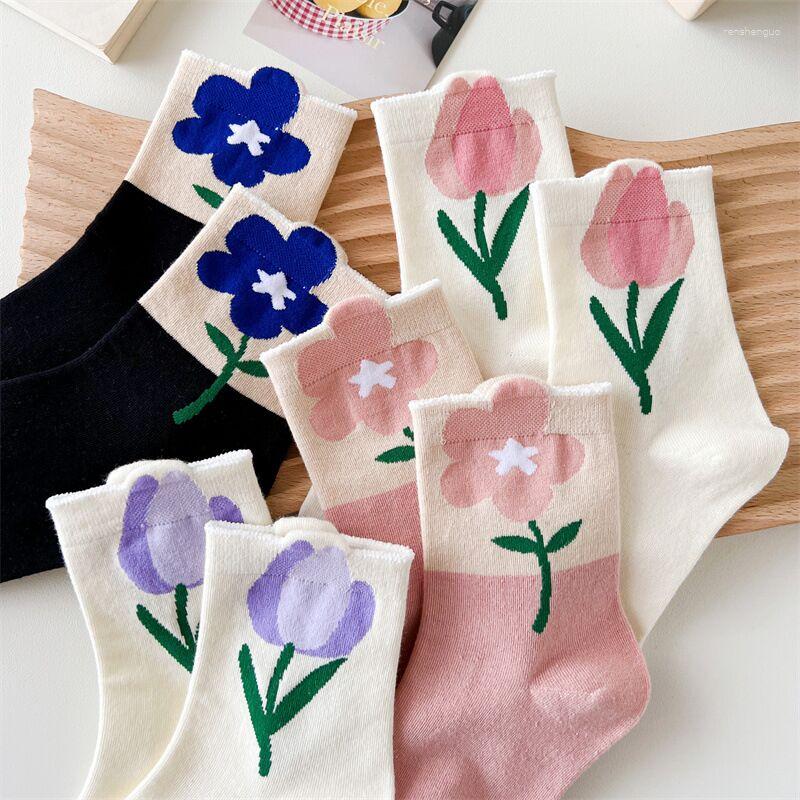 

Women Socks Japanese Korean Style Cartoon Flower Candy Color Mid Tube Breathable Casual Sweatwear 025, Black