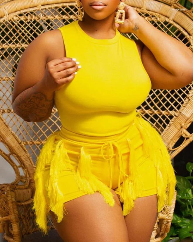 

Women's Tracksuits Fashion 2023 Summer Casual Womens Two Piece Sets Outfit Crew Neck Tank Top & Tassel Design Shorts Set