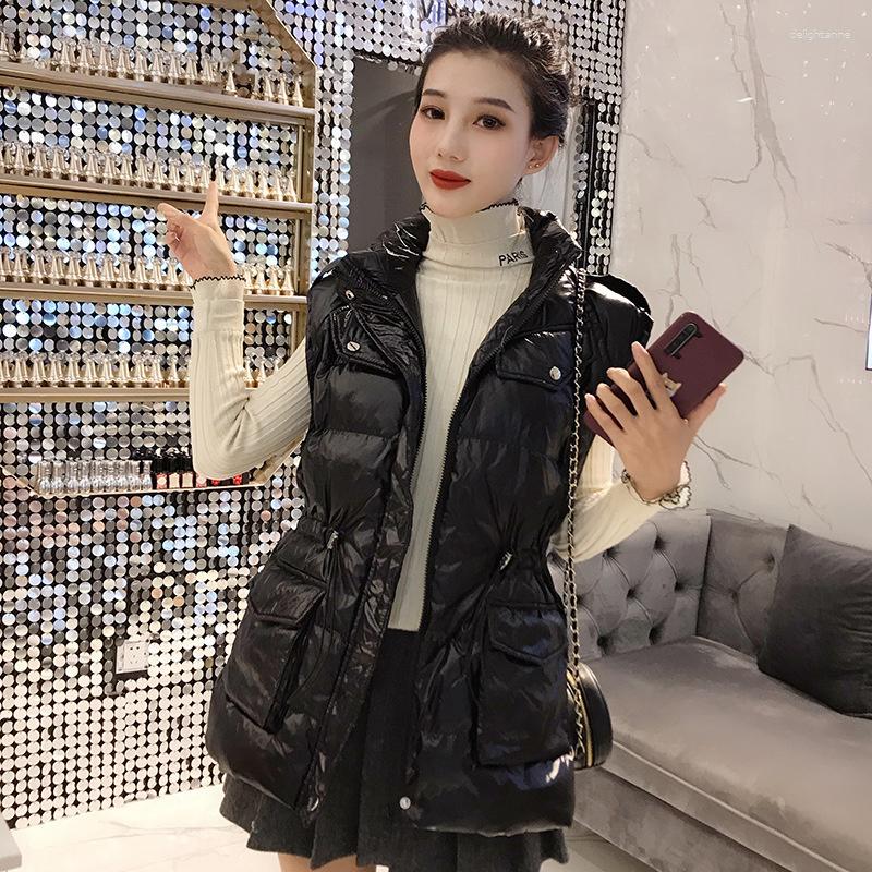 

Women's Vests Down Women's Cotton Vest Autumn Winter Bright Face Wash-Free Fashion Thick Slim Waistcoat Female, Black