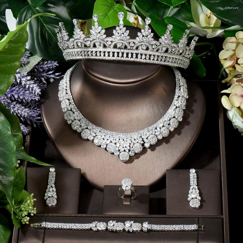 

Necklace Earrings Set Fashion Full Beauty Flower Design CZ Jewelry 5PCS Wholesale Bridal Crown Statement Choker Wedding Party N-1641, Picture shown