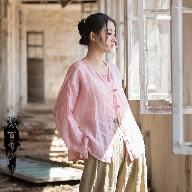 

Women's Blouses 2023 Summer Womens Cotton Linen Shirts Casual Chinese Style Thin Cardigan Blouse Soft Ramie Lady Sun Shirt Simple Tops, Pink