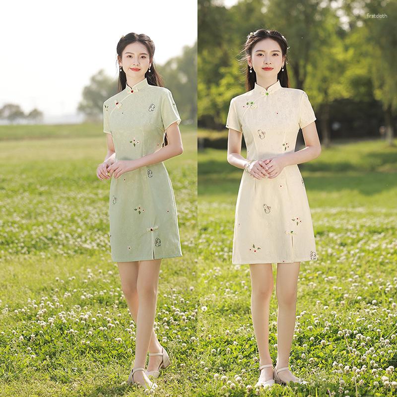 

Ethnic Clothing Chinese Summer Cartoon Embrodiery Chiffon Young Girl Mini Cheongsam Elegant Retro Short Sleeve Qipao Daily Dress