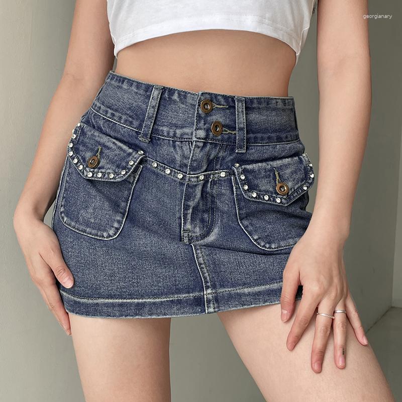 

Skirts Women' Summer Slim Pleated Ruffle Denim High Waist Harajuku Goth Punk Girls Y2K Vintage E-girl Korean Short Jean, Blue