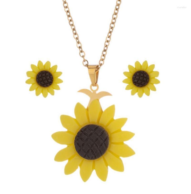 

Necklace Earrings Set Sinogaa Sunflower Stud Jewelry 25mm Resin Flower Pendant Collar For Women Girl Gift, Picture shown
