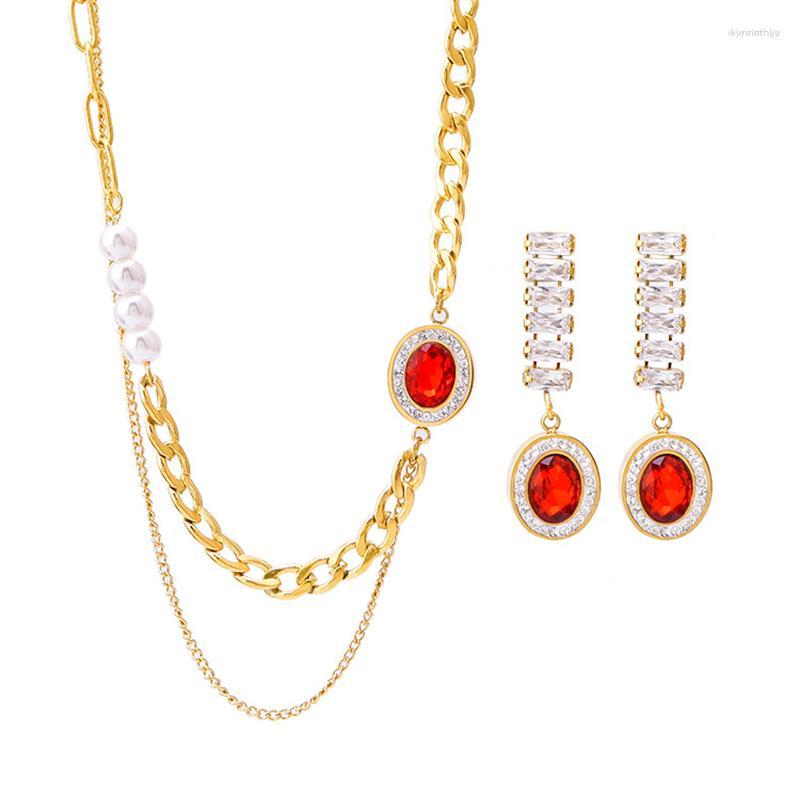 

Pendant Necklaces 316L Stainless Steel Fashion Fine Jewelry Pearl Oval Zircon Asymmetrical Charm Thick Chain Choker Necklace For Women
