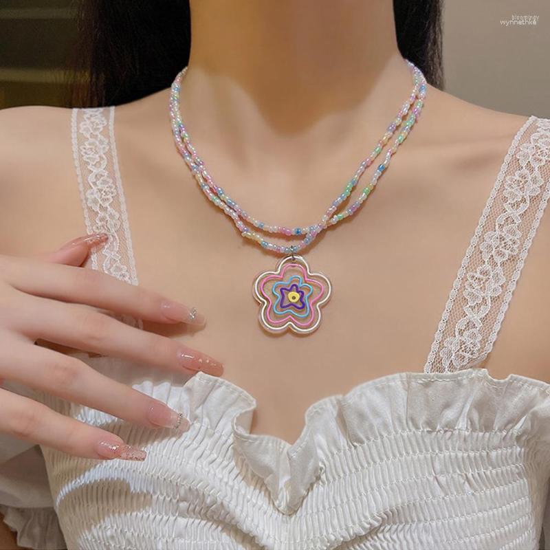

Chains Double Layered Colorful Beaded Necklace Cute Love Pentagram Pendant Clavicle Chain Jewelry Accessory