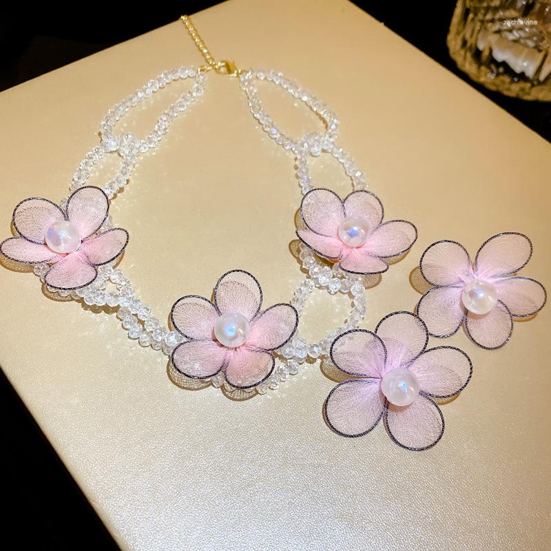 

Dangle Earrings Women's Romantic Pink Yarn Flower Jewelry Sets Elegant Natural Pearl Jewellery Acrylic Beaded Necklace Exquisite Charm