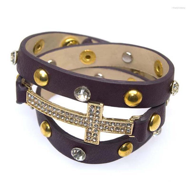 

Strand Miasol Golden Color Plating Crystal Double Wrap With Micro Pave CZ Disco Cross Charm Bracelets For Women Party Wedding Gift