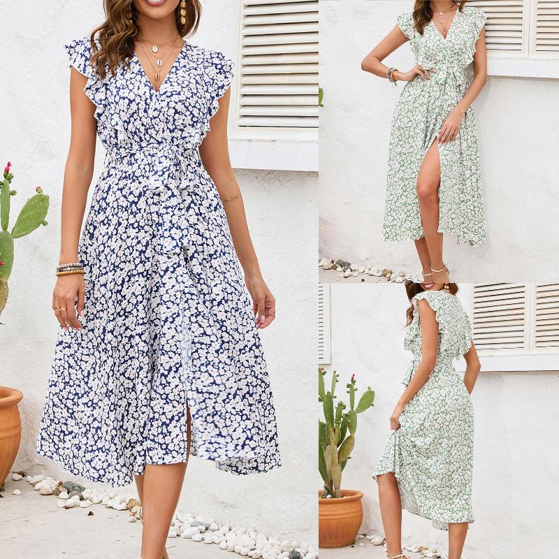 

Casual Dresses Women Summer Midi Dress Chiffon Printed Ladies Ruffle V-Neck Fashionable Bohemian Simple Split Seaside Vacation, Green