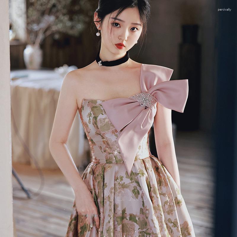 

Ethnic Clothing Sexy Pink Floral Print Backless A-Line Prom Dress Sweetheart Women Fairy Tube Top Evening Gowns