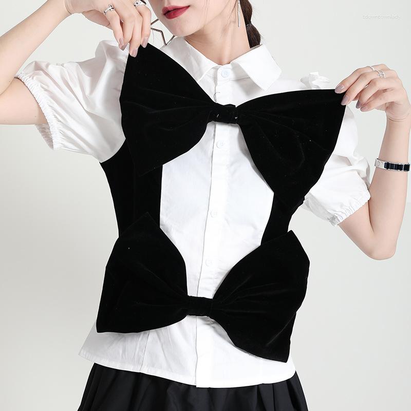 

Women' Blouses Wooden Ear Edge Stitching Velvet Bow Shirt Women' Summer Design Sense Bubble Sleeve Age-reducing Top Tide, White
