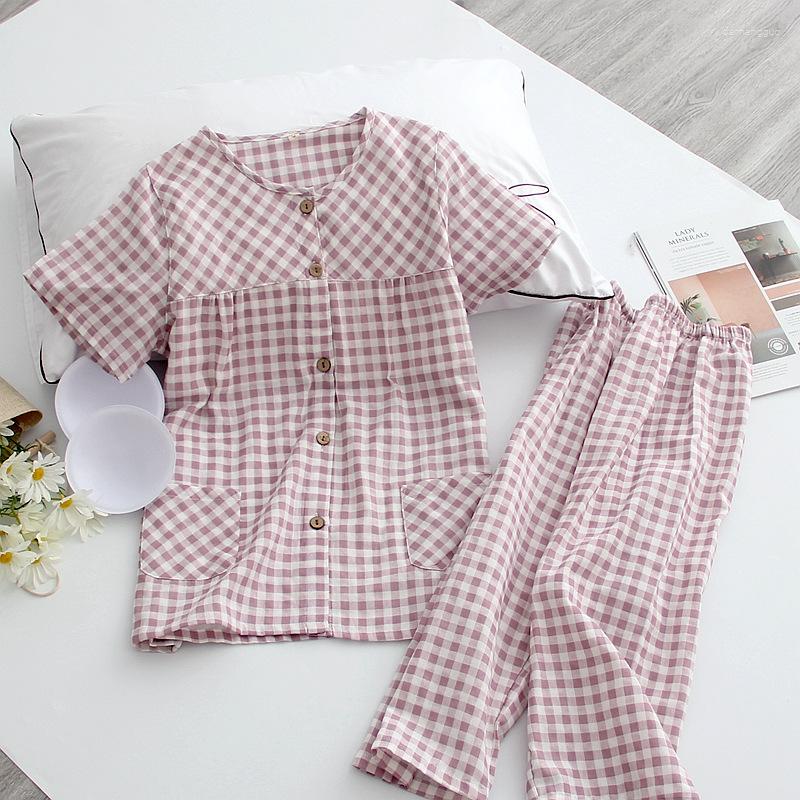 

Women's Sleepwear Summer Short-Sleeved Pajamas Round Neck Cotton Double Layer Gauze Women's Plaid Calf-Length Pants 2 Piece Home Pyjamas, Pink small grid