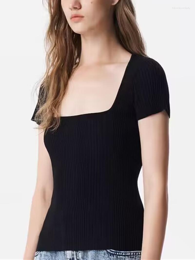 

Women' T Shirts Square Neck Women Rib Knit Tshirt Exy Slim Fitting Short Sleeve Summer 2023 Female Solid Color Knitwear T-Shirt, White