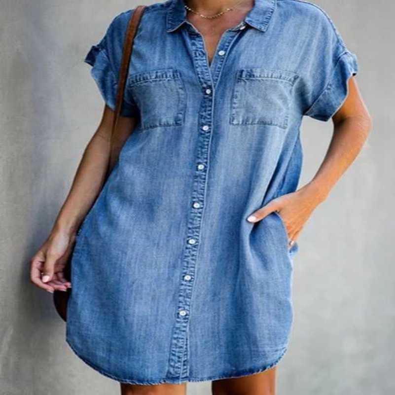 

Hot selling short sleeved slim fitting denim dress medium length skirt, Navy blue
