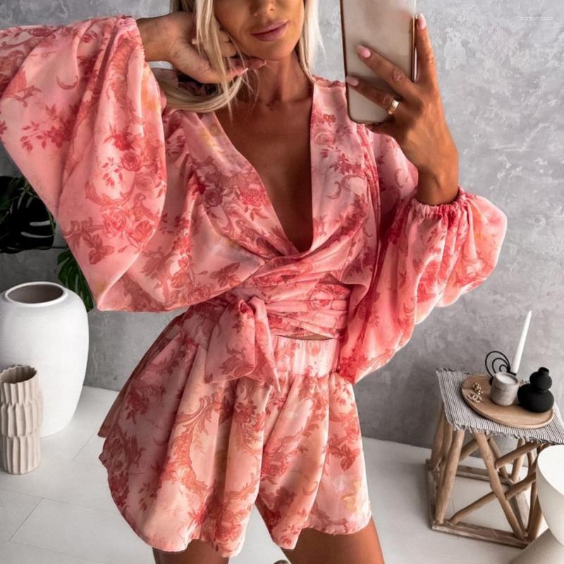 

Casual Dresses Stylish Vacation Jumpsuit Lightweight High-Waist Wide Leg Tropical Leaves Pattern Long Sleeve Summer, Blue