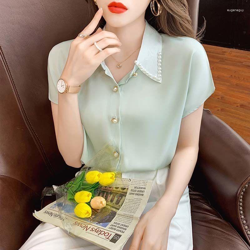 

Women's Blouses Fashion POLO Neck Short Sleeve Shirt Women's Summer Loose Slim Single Breasted Chiffon Top Blouse, Green