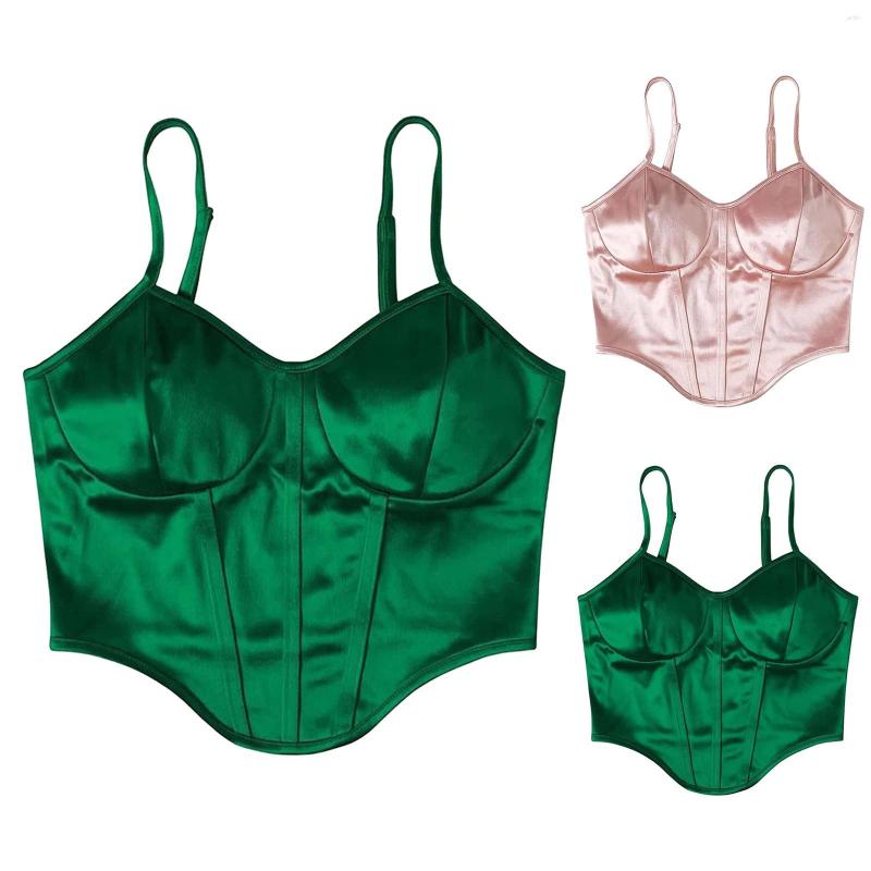 

Camisoles & Tanks Women Sleeveless Crop Top Tank Curved Hem Sexy Soft Satin Cami Solid Color Woman Summer Elegant Backless, Green