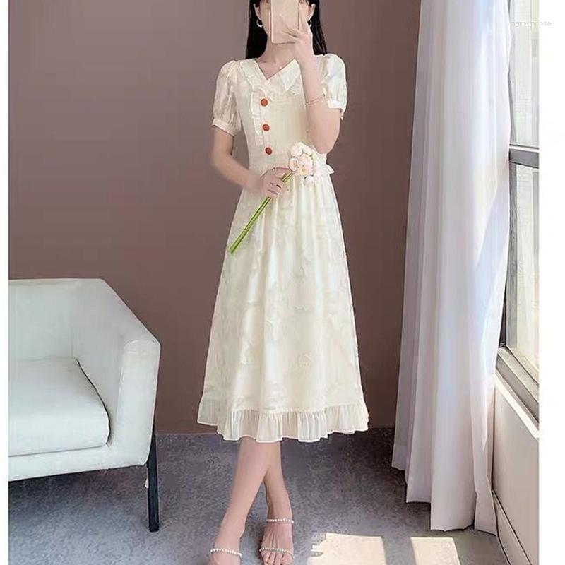

Casual Dresses 2023 Summer Women's Sweet Ruffles Dress Girls Student Korean Chic Puff Sleeve Evening Party Gown Lady Fairy Slim Waist, Beige