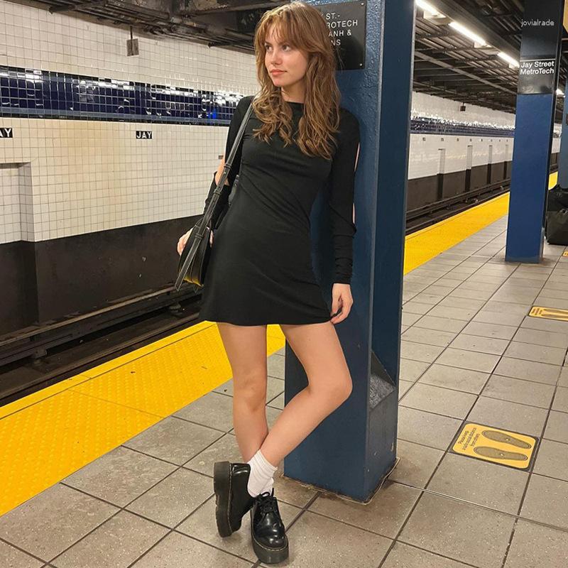 

Casual Dresses INS Style 2023 Minimalist Women' Solid Round Neck Open Long Sleeve Slim Fit Dress, Black