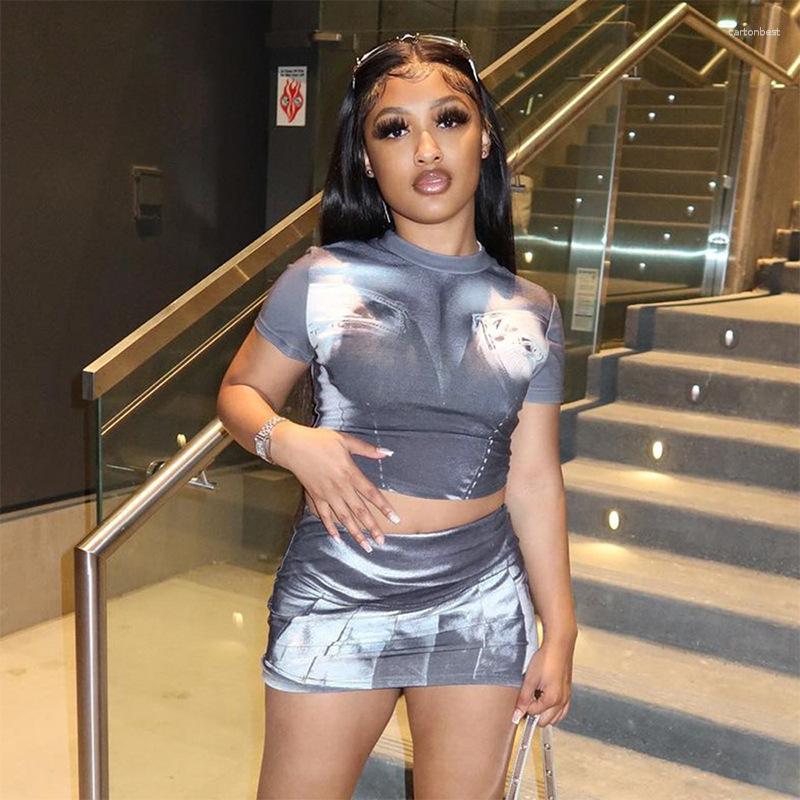 

Work Dresses CINESSD Women' 2023 Summer Street Printing Tight Short Sleeve Top Skirt Casual Suit, Gray printing