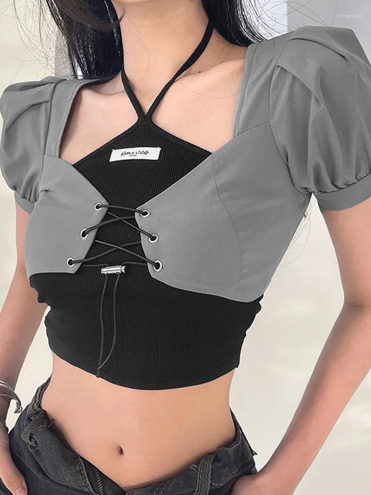 

Women' T Shirts Two Piece Set Women Summer Puff Sleeve Bandage Crop Top Korean Fashion Spicy Girl Slim Y2k Tops American Retro Grunge Shirt, Gray