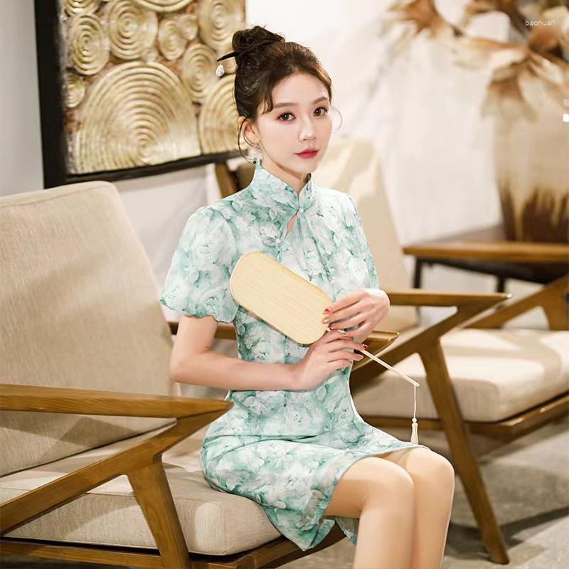 

Ethnic Clothing Traditional Women's Puff Sleeve A-Line Cheongsam Summer Mandarin Collar Printed Chiffon Qipao Chinese Evening Dress
