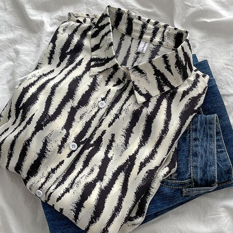 

Women's Blouses Fashion Design Striped Women Chiffon Shirts Loose Turn-Down Collar Long-Sleeved Elegant Female Outwear Tops, Black