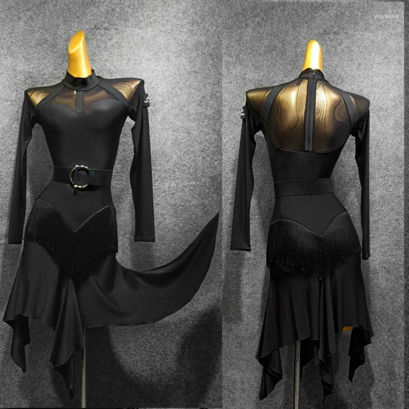 

Stage Wear Latin Dance Sexy Black Dress Women Net Yarn Back Zipper Irregular Practice Skirt With Belt Salsa Jazz Modern