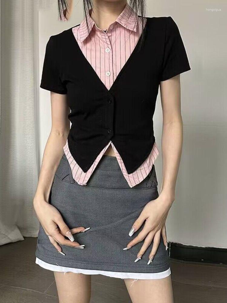 

Women's T Shirts Y2k Aesthetic Harajuku Women Blouse Turn Down Collar Short Sleeve Shirt Contrast Color Patchwork Preppy All Match Fashion, Blue
