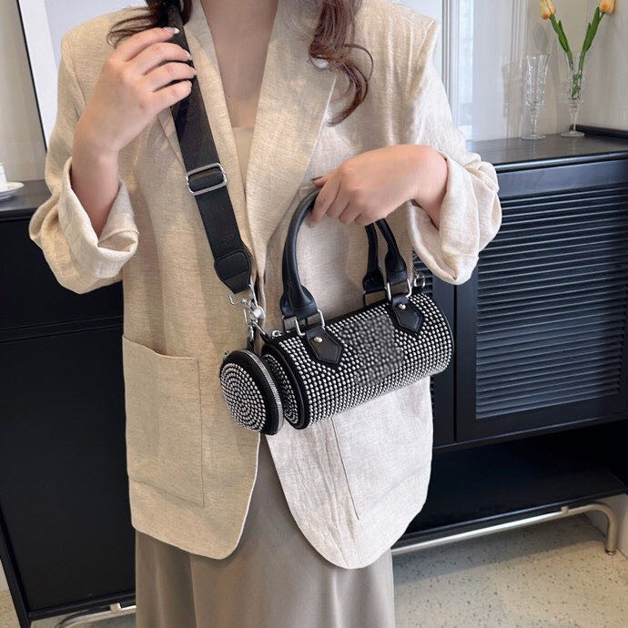 

Summer Messenger Bags New Trend Full Diamond Water Diamond Handbag Women's Bag with Advanced Sense Cylinder Bag Single Shoulder Crossbody Mother Bag 7062#, Black 7062