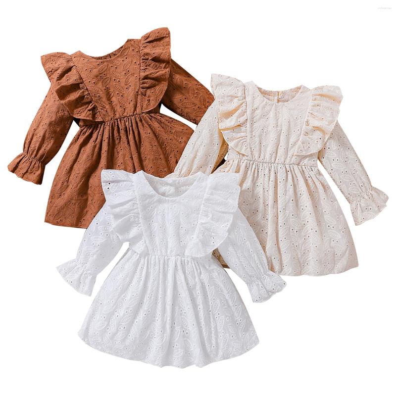 

Girl Dresses Infant Born Baby Girls Dress Lace Cutout Round Neck Ruffles Long Sleeve Spring Autumn Casual Princess A-line, White