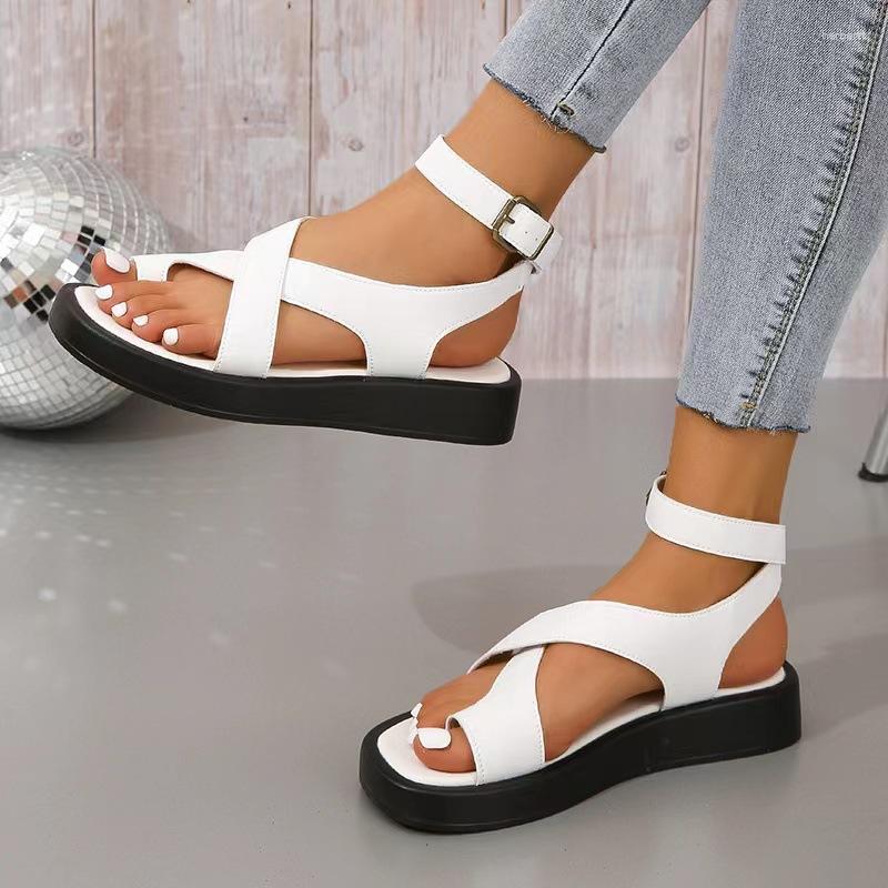 

Sandals Women Pu Leather 2023 Summer Clip Toe Ladies Roman Shoes Muffin Large Size 35-43, Black