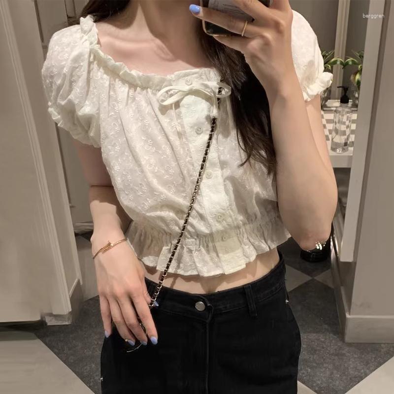 

Women' Blouses TEROKINIZO Solid Color Sweet Blouse Women Hook Flower Embroidery Slim Waist Shirts Female Bow Knot Gentle All-match Blusas, Black