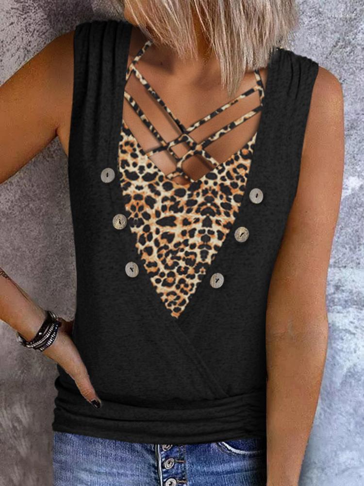 

Women' Tanks Women Criss-Cross Front Button Fake Two-Piece Design Tank Top Leopard Color Block Summer Casual Sleeveless Shirt Tunic Blouse, Black