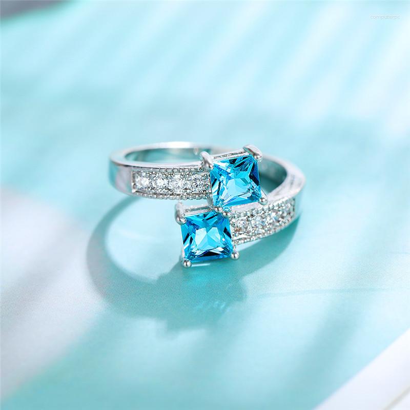 

Wedding Rings Mother Day Jewelry Small Two Square Stone For Women Aqua Blue Zircon Bands Silver Color Vintage Engagement Ring CZ