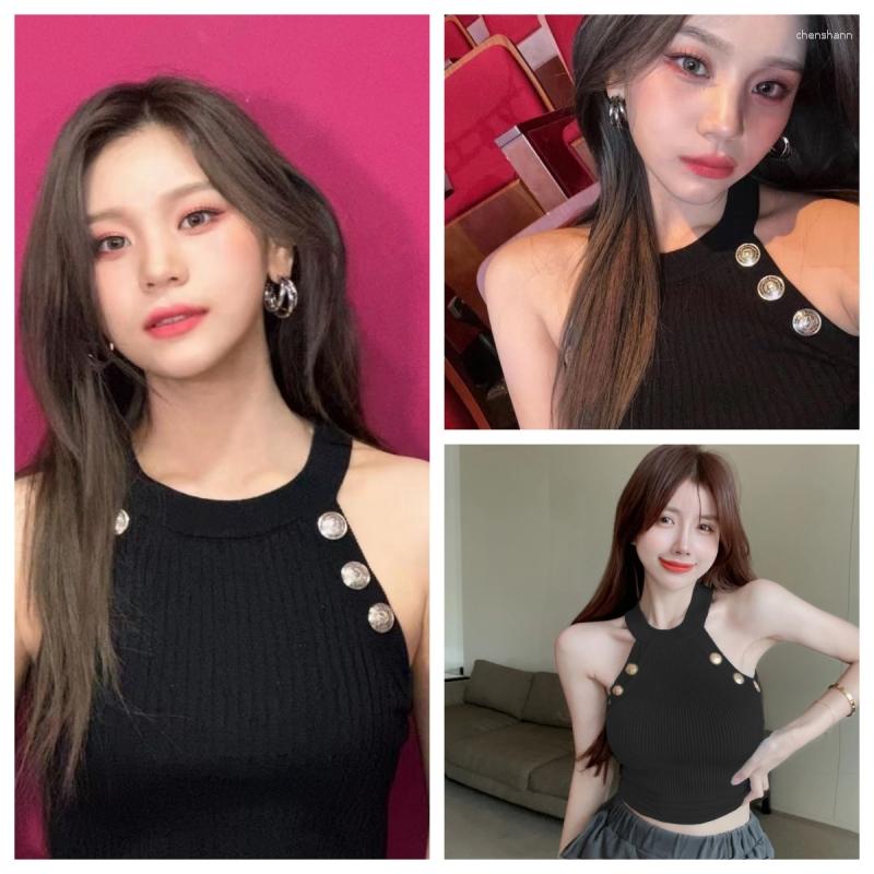 

Women's Tanks Kpop Girl Group Nightclub Knitted Crop Top Halter Neck Suspender Vest Women's 2023 Summer Black Thin Slim Sexy Camisole