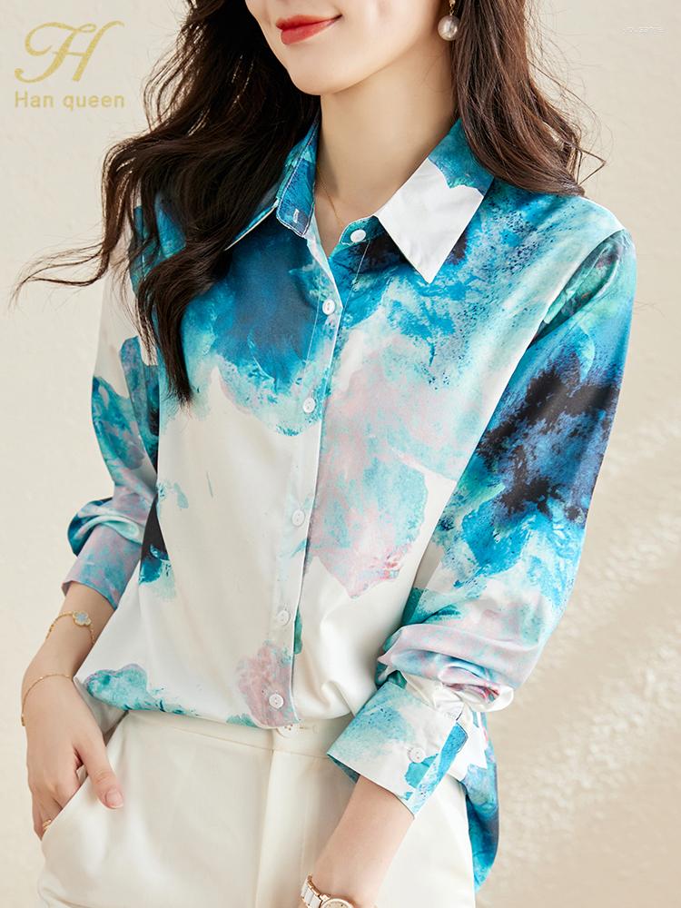 

Women' Blouses H Han Queen Summer Long Sleeve Office Blusas Printing Vintage Tops Simple Elegant Chiffon Women Chic Loose Casual Shirt, Photo