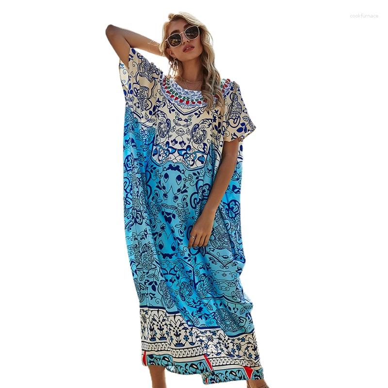 

Party Dresses Women Boho Oversized Tunic Dress Floral Leaves Print Long Kaftan O-Neck Batwing Short Sleeve Kimono Gown Beach