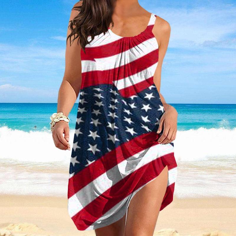

Casual Dresses Women's Summer Round Neck Loose Sleeveless Independence Day 3D Digital Print Sash Pleated Holiday Floral Dress Robe Femme, Blue