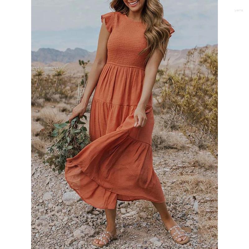 

Casual Dresses Women Summer Pleated Dress 2023 Fashion A Line Flying Sleeve Party Long Female Elegant Solid O Neck Robe, White